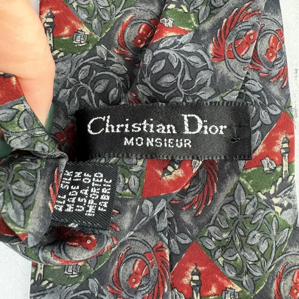 VTG Christian Dior Monsieur Grey/Red Silk Lighthouse & Bird Print Neck Tie Mens